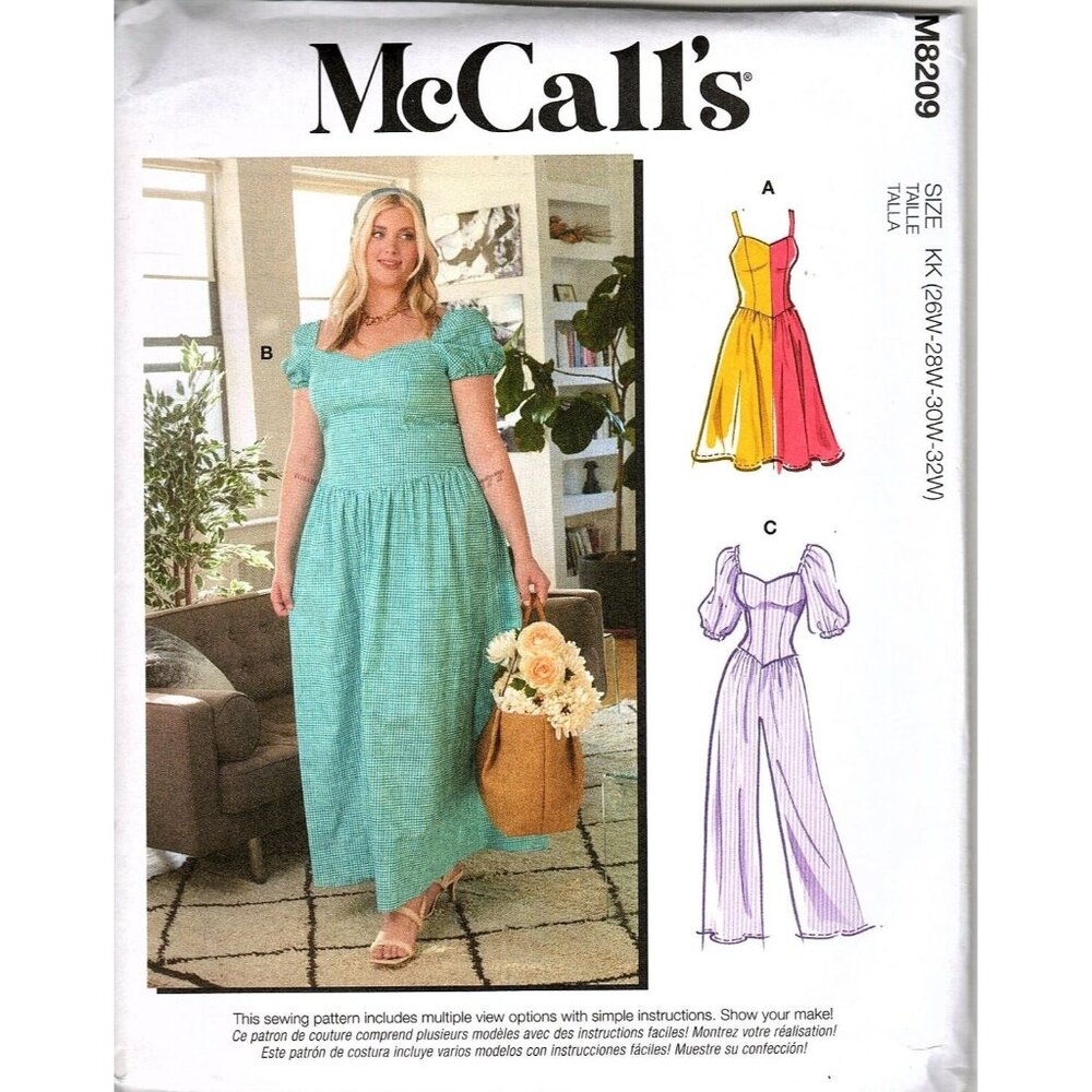 McCalls M8209 Womens 26W to 32W Fitted Dresses and Jumpsuit Uncut Sewing Pattern